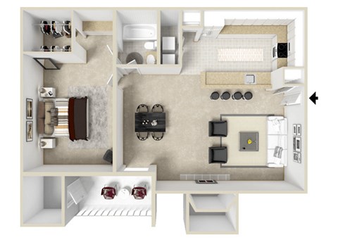 Floor plan for 1 bed, 1 bath, 860 sqft